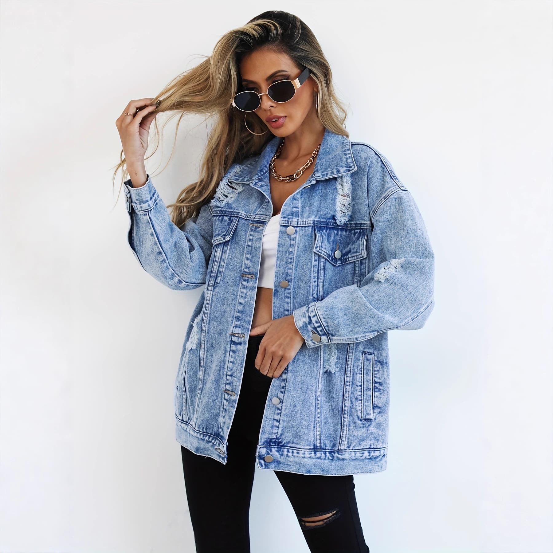 New European and American Fashion Cross-border Amazon TEMU Denim Jacket Women's Loose Fit Ripped Denim Jacket