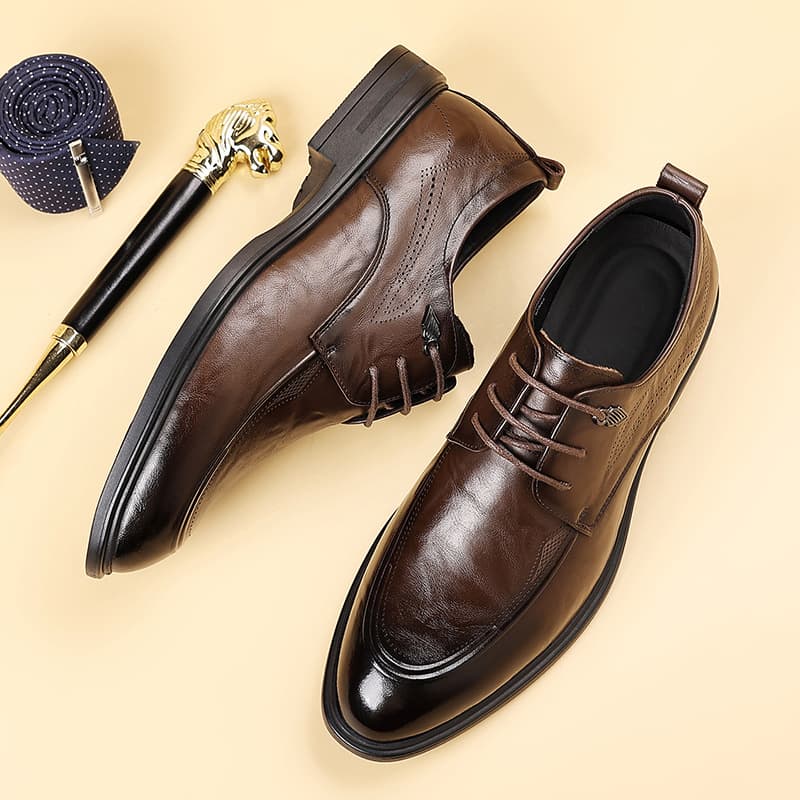 Top grain cowhide new men's casual leather shoes business formal lace-up leather shoes soft sole breathable flats men's drop shipping