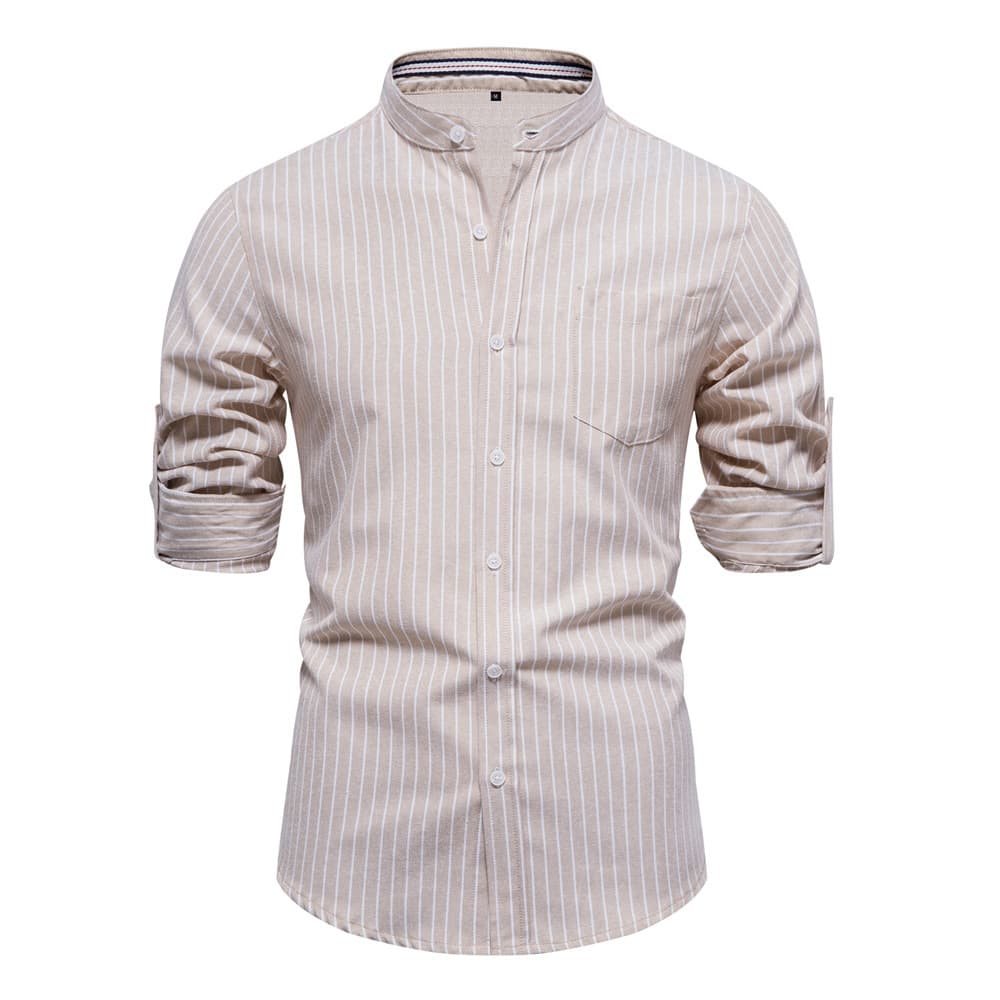 Spring/Summer Slim-fit Stand-up Collar Shirt Men's Cotton Linen Casual Fashion Business Stripe European Size Long-sleeve Shirt for Men