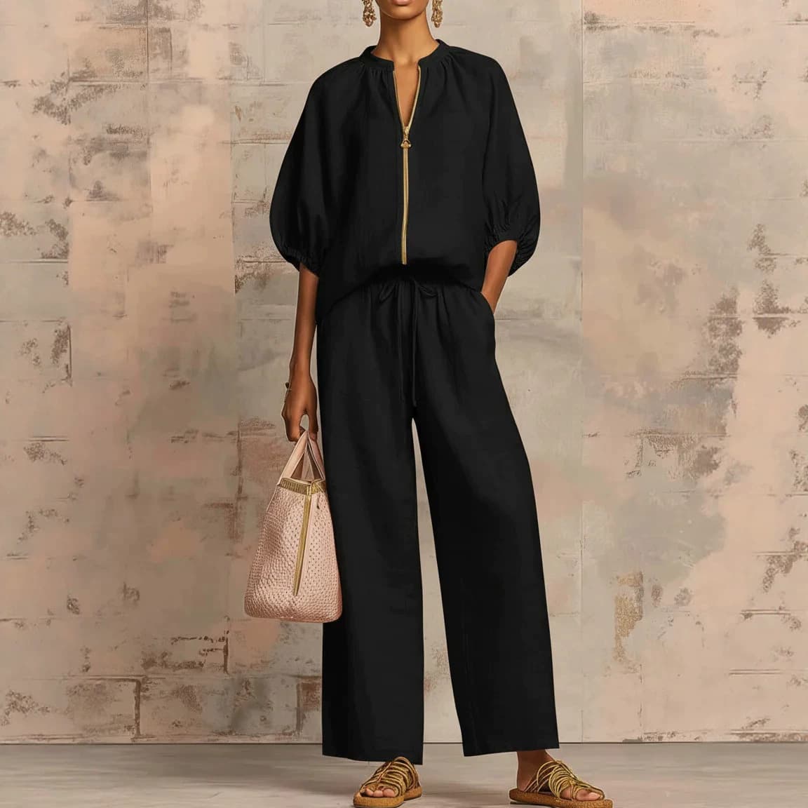 2026 Spring and Summer New European and American Cross-Border Amazon Loose Casual Fashion Resort Style Zipper Round Neck Wide Leg Suit