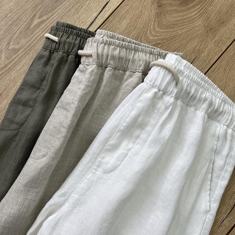 23K10 Cropped Ankle Pants High-End Pure Linen Pants Men Summer Thin Men's White Straight-Leg Linen Casual