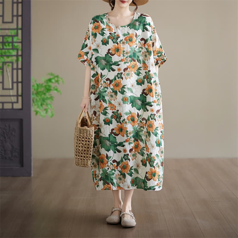 Actual Photo In Stock Summer Loose Plus Size Cotton Linen Print Round Neck Short Sleeve Knee-Length Dress for Plus Size Women Slimming Dress