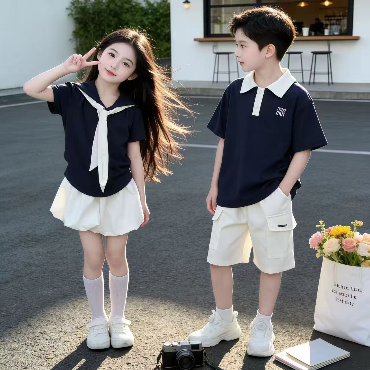 Sibling Kids Preppy Outfit Set Summer 2026 New Boys Girls Preppy Polo Collar Short Sleeve Bubble Pants Skirt