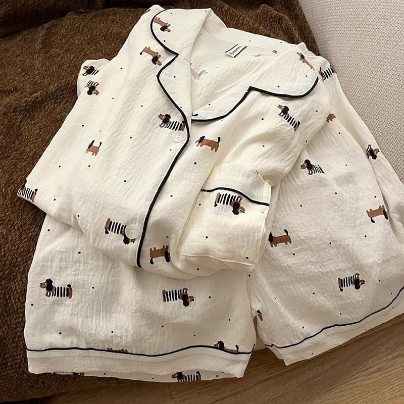 2025 New Summer Short-Sleeve Pajamas for Women, Japanese Dachshund Cartoon Cute Pure Cotton Gauze Loungewear Three-Piece Set