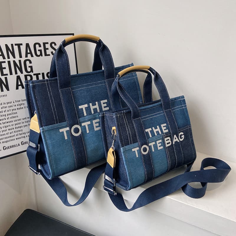 Cross-border new denim contrasting color stitching handle tote bag niche retro embroidered letters crossbody bag hand carry
