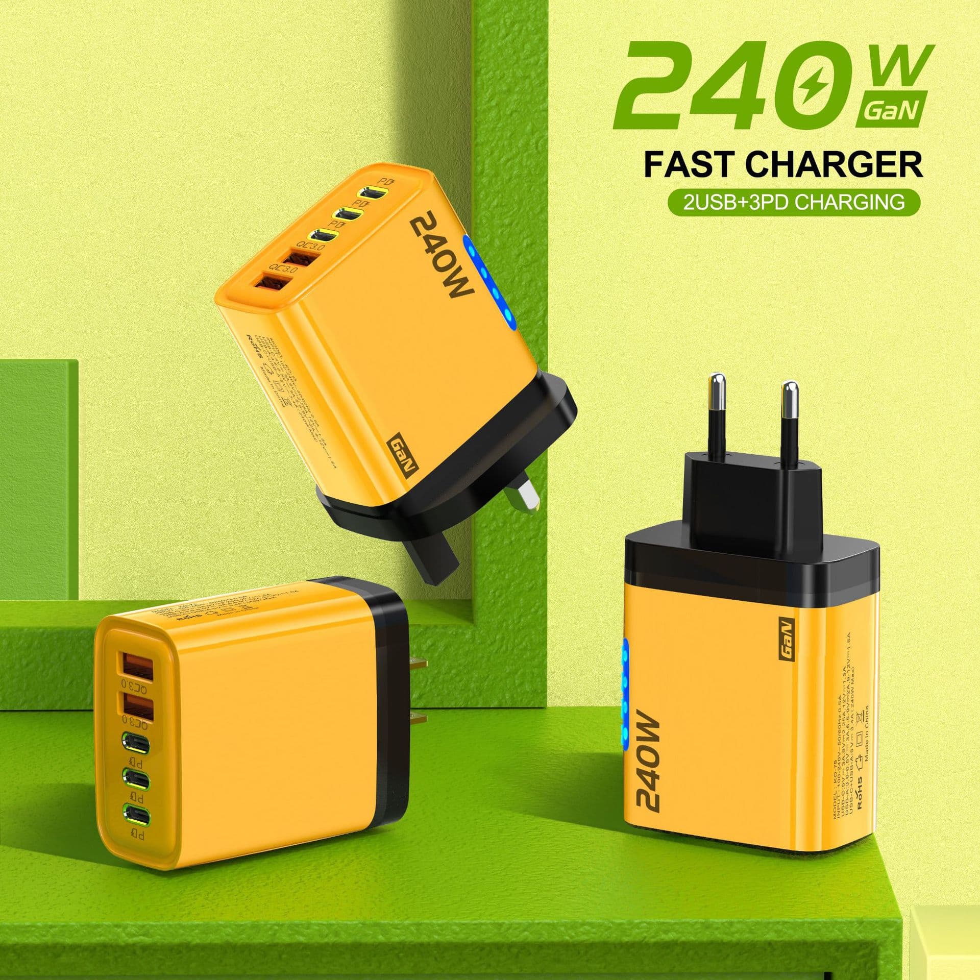 240W 3PD+Dual USB Charger with LED Light, Compatible with Apple iPhone 15 and Huawei Phones, Dual Type-C Smart Fast Charging Adapter