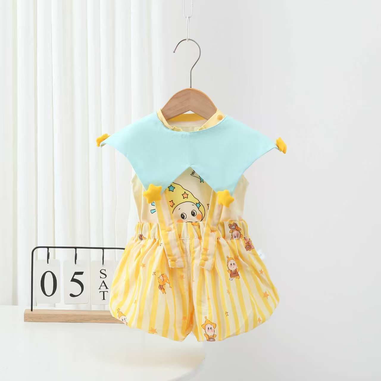 Baby Summer New Sleeveless Suit Boy Cartoon Cute Flying Sleeves Shawl Collar Suspender Flower Bud Shorts Suit