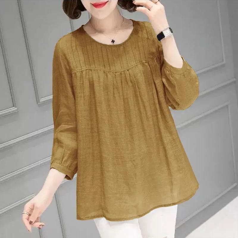Solid Color Cotton Linen Round Neck Three-Quarter Sleeve Blouse for Women, New Autumn Summer Style, Plus Size Loose Fit, Slimming Tummy-Hiding Top