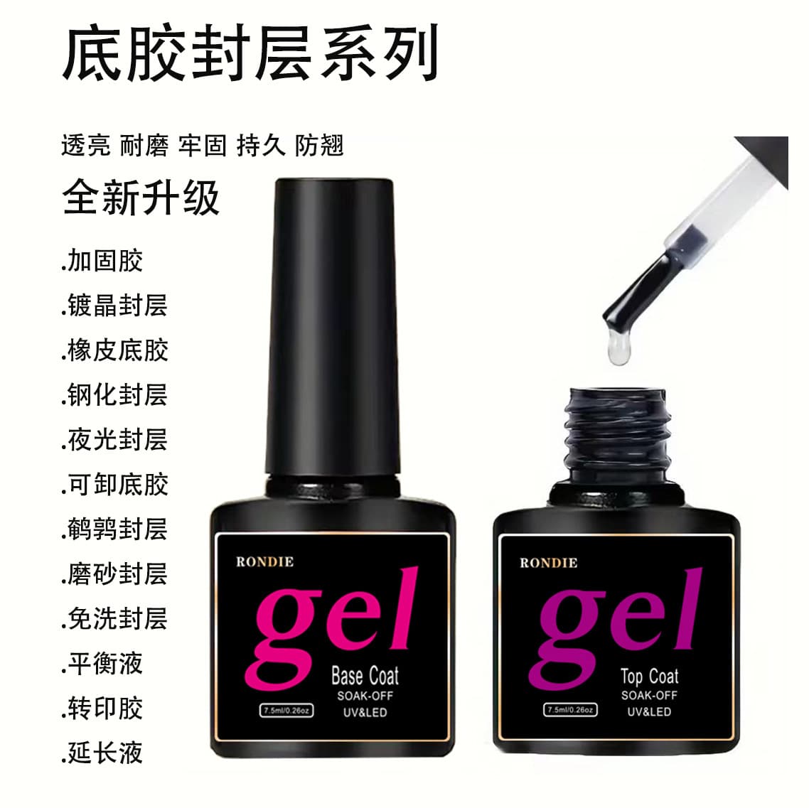 Cross-border Nail Functional Gel Wholesale Nail Base Coat Reinforcement Gel Nail Matte No-Wipe Top Coat Tempered Crystal Coating Top Coat