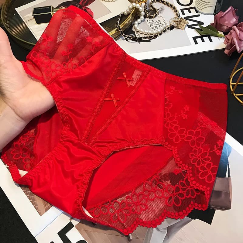 High Quality Red Sexy Bodycon Zodiac Year Underwear Women French Silk Satin Lace Mesh Ice Silk Bikini