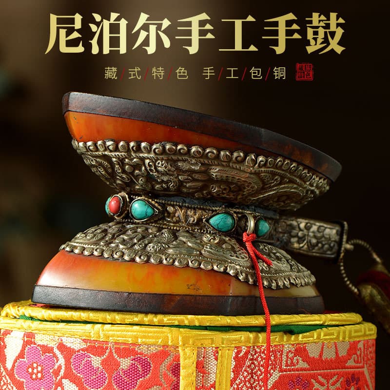 Imported Nepalese Hand Drum - Mulberry Wood and Sheepskin, Tibetan Square and Round Drums with Patterns, Desktop Ornament