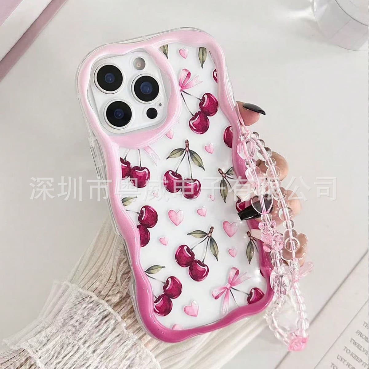 Rose Pink Cherry Compatible with Apple 17 Pro Max Transparent 15 Plus Phone Case 14 Cream Case 13 Chain 16 Cross-border