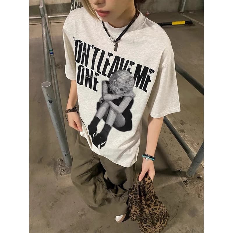 AFGK American Retro Club Night Washed Print Short Sleeve T-Shirt Summer Unisex Casual Versatile Top