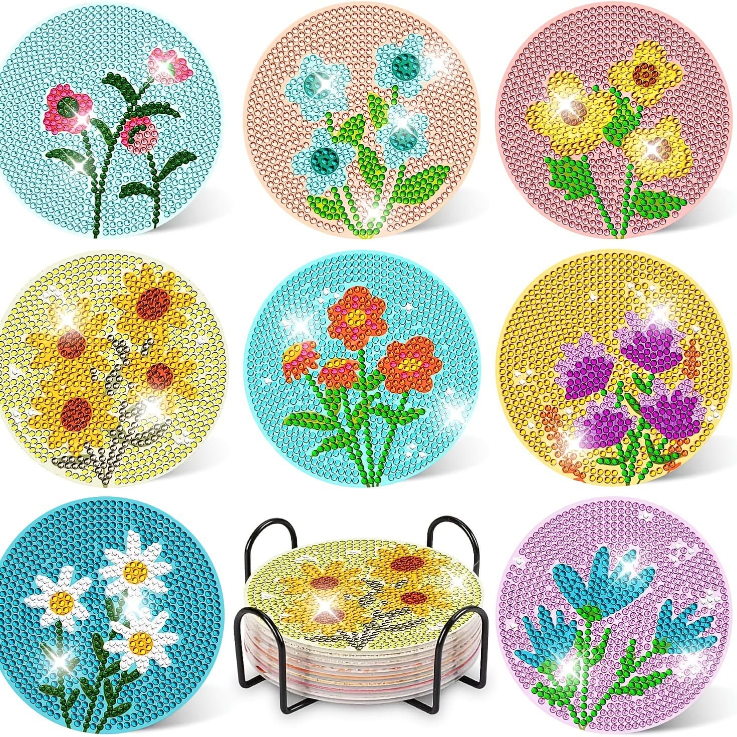 8-piece 5D diamond art coaster set with stand, diamond painting coaster set for adults, light luxury style