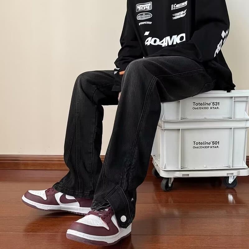 American solid color jeans men's summer street casual zipper straight pants trendy brand loose niche wide leg long pants