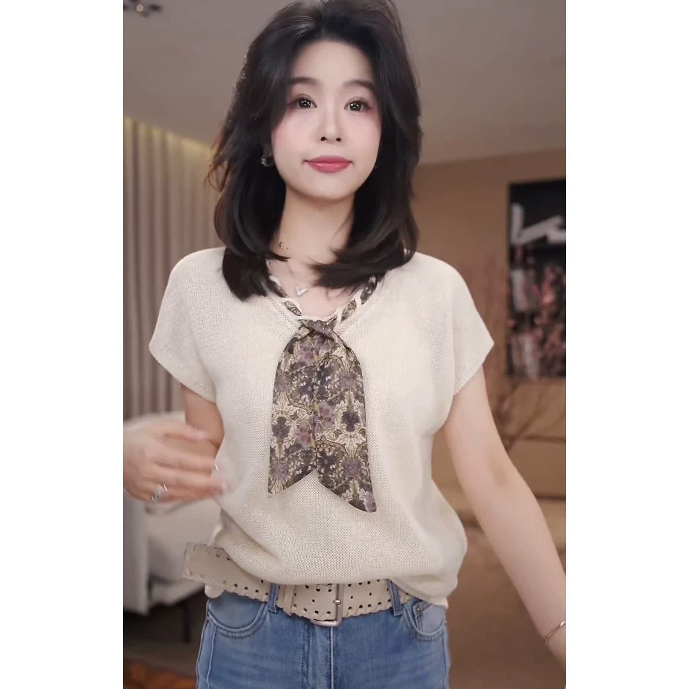 Silk Scarf Flutter Sleeve Knit Top for Women - Summer Thin Ice Silk V-Neck Tie T-Shirt, Elegant Commuter Slimming Versatile