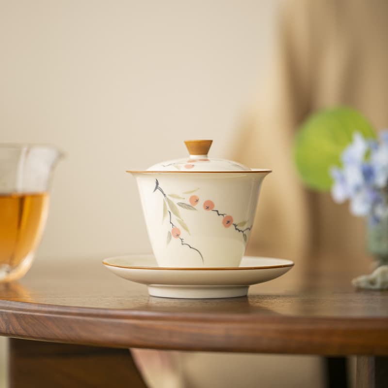 Plant Ash Sancai Gaiwan Ceramic Teacup Hand-Painted Tea Set Underglaze Color Teapot Home Kung Fu Hand-Held Tea Bowl