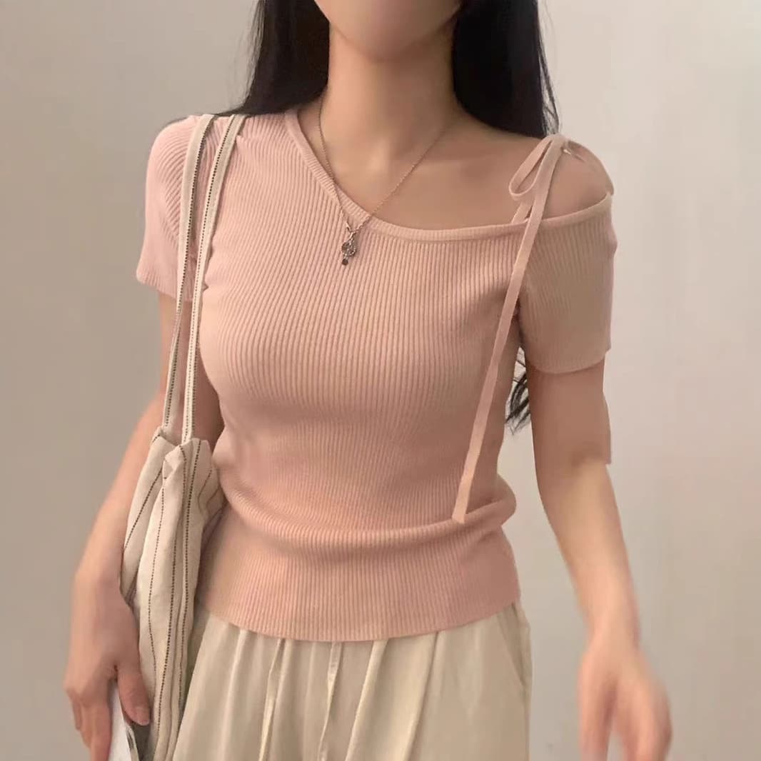 2025 New Chic Knitted Short Sleeve Top for Women, Summer Design with Tie Details, Pure and Sexy Style, Slimming Fit