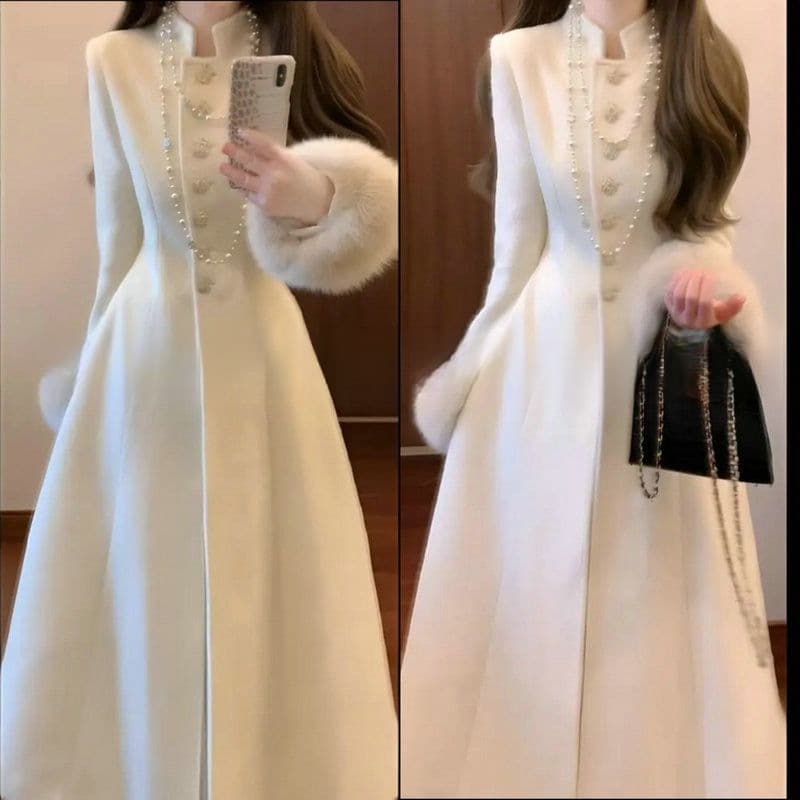 New Chinese Style Waist-Tightening Coat New Year Statement Piece Light Luxury Heiress Style Wool Coat with Elegant Flared Skirt Design Trendy Outerwear