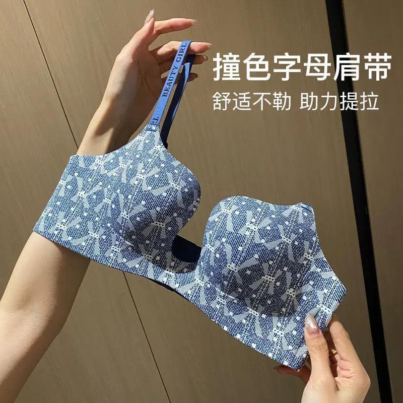 High-Quality Seamless Bra for Small Bust, Push-Up Lifts Enhances Size, Wire-Free, Letter Straps, Contrast Color, Anti-Sag Bra