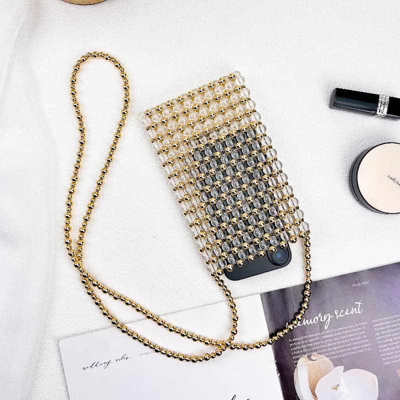 High-end beaded mobile phone bag for girls summer new transparent gold bead woven crossbody bag niche design commuter bag