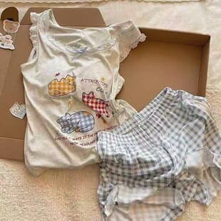 2026 Trendy Plus Size Women's New Summer Sleepwear Thin Cute Cat Print Vest Homewear Two-Piece Set