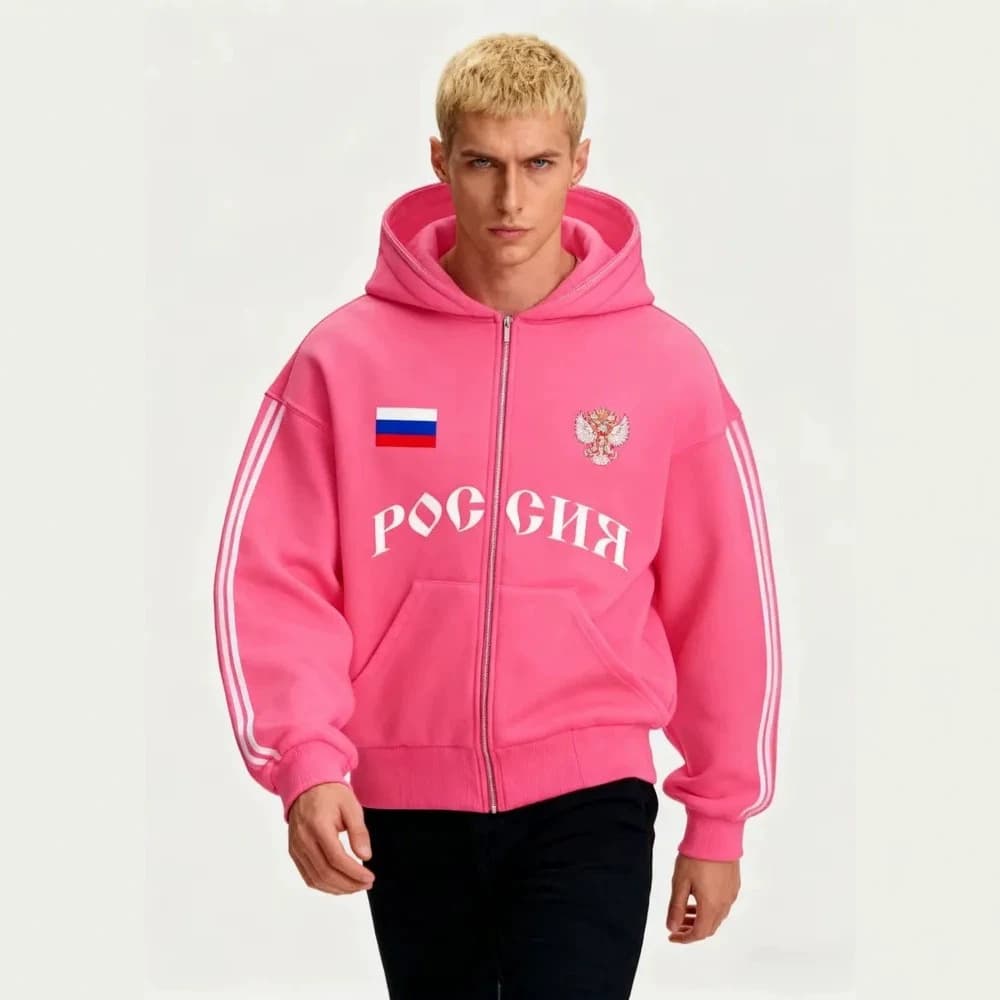 Best-selling Balaclava and Men's Oversized Hoodie Hudy Russia Zip-up Sweatshirt with Flag Print