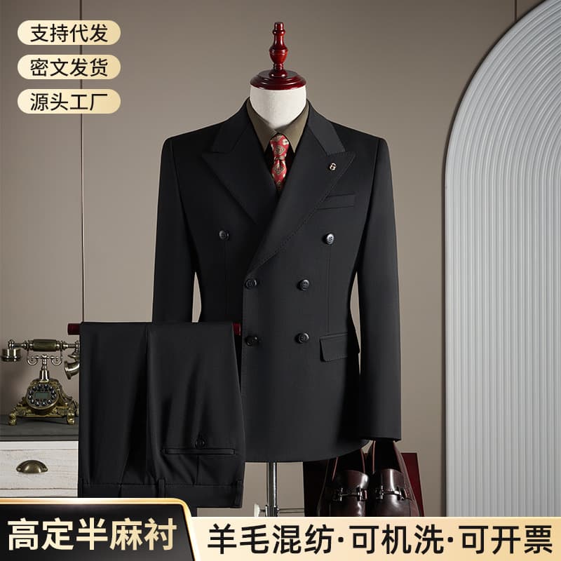 Double-Breasted Wool Suit Set for Men Business Formal High-Quality Slim Fit Big Size Groom Wedding Suit Three-Piece Set