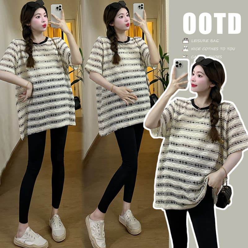 Maternity Summer Fashion Striped Short Sleeve Top Loose Plus Size Casual T-Shirt for Pregnant Women