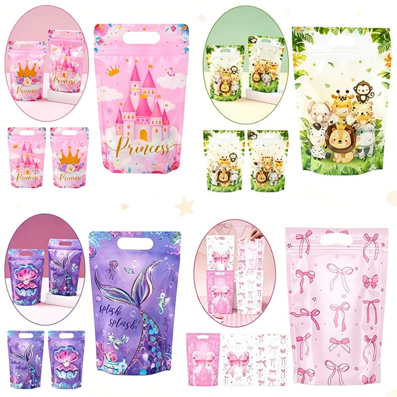 New Unicorn Bow Theme Portable Zipper Bag for Birthday Parties, Standable Self-Sealing Gift Bag, Candy Bag