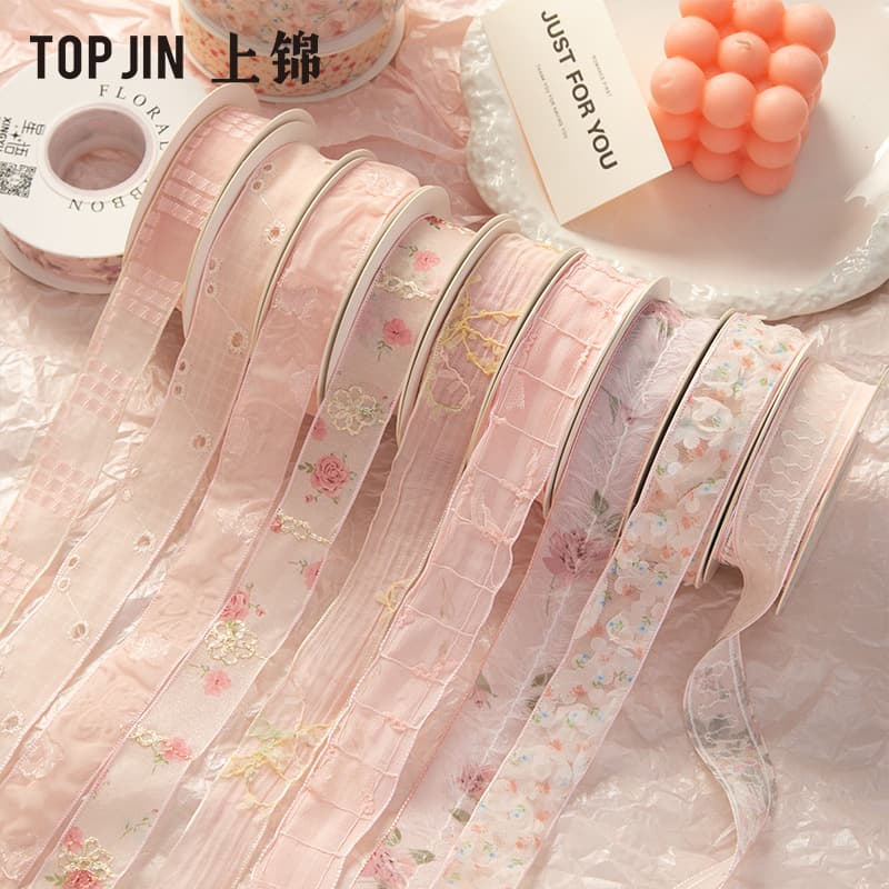 Shangjin Summer Dreamy Rose Pink Ribbon Floral Art Weaving Ribbon Flower Bouquet Decoration Streamer Gift Tie DIY
