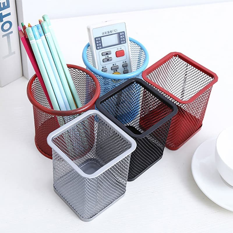 Iron Mesh Desktop Pencil Holder, Multifunctional Colorful Round/Square Mesh Pen Organizer for Students