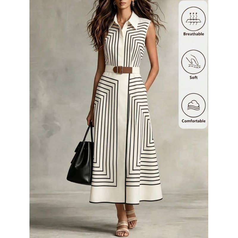 Cross-border Amazon European Style Summer New Premium Beige Geometric Stripe Sleeveless Shirt Collar Long Dress