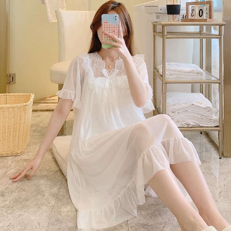 Summer style solid color lace bow mesh palace princess style mid-length nightgown pajamas home wear
