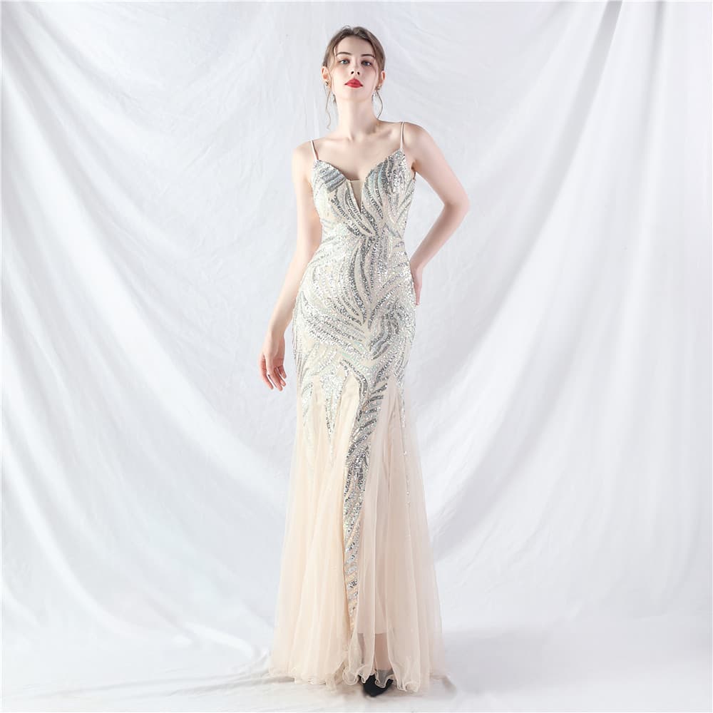 31903# New Export Laminated Sequin Stitched Mesh Suspender Evening Dress