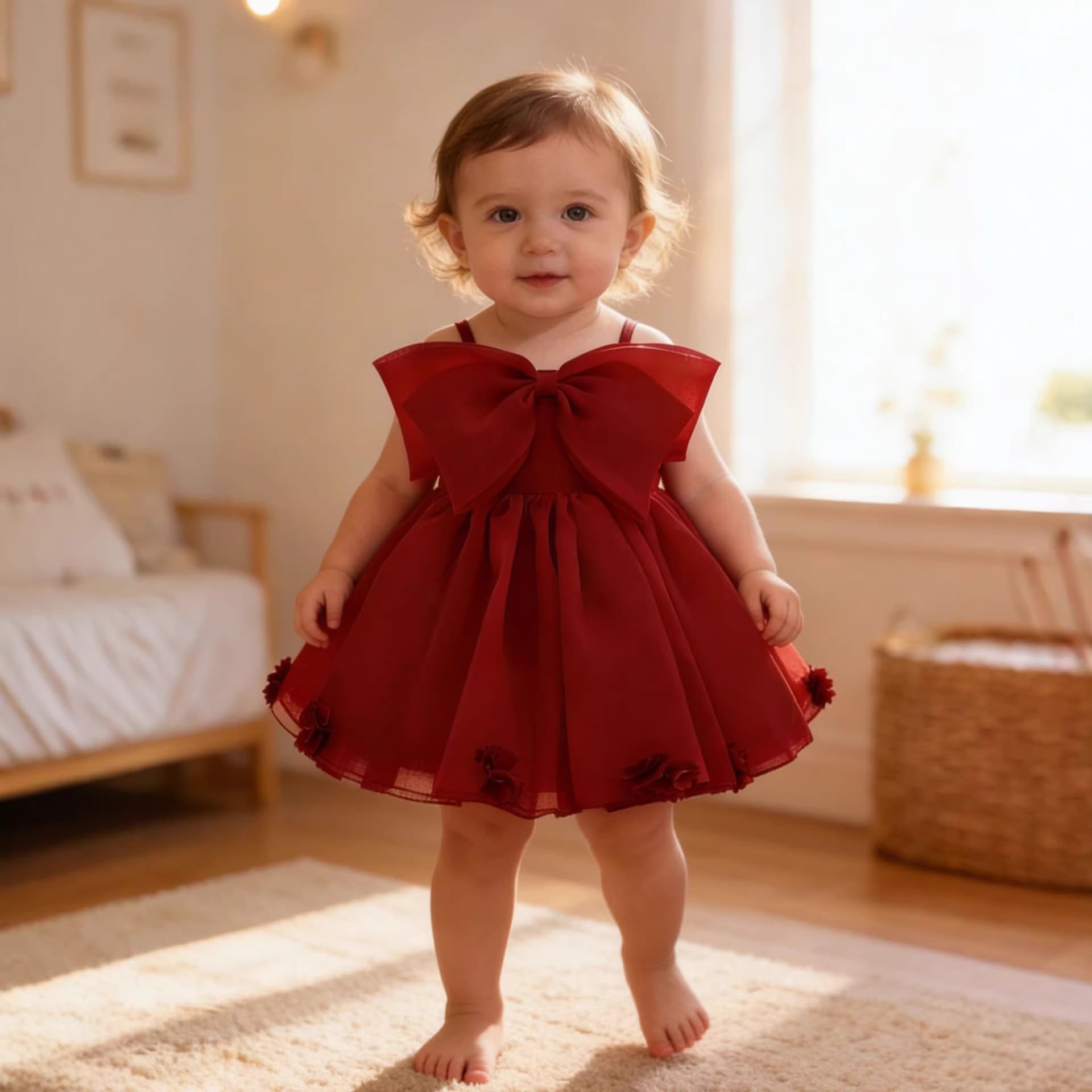 European and American new one-year-old baby dress girl suspender one-shoulder bow mesh princess dress baby flower girl