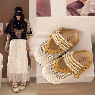 Vintage Pearl One-Strap Thick Sole Platform Mules for Women Summer Slip-On Open Toe Mesh Mary Jane Sandals