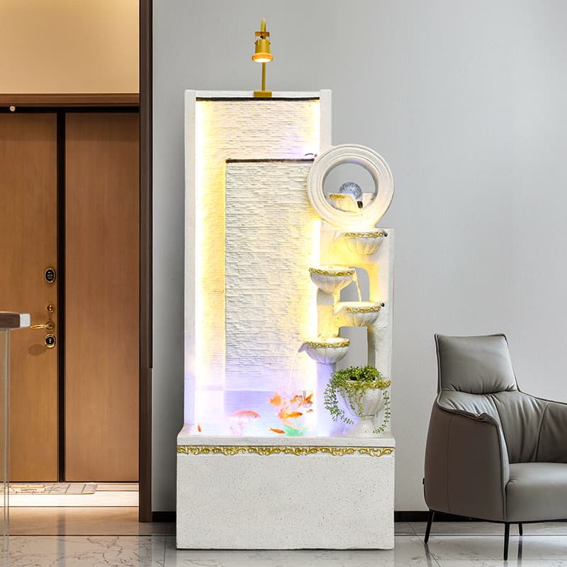 European-style flowing water fountain ornaments, circulating water fish tank, living room, large floor-to-ceiling office, rockery, water landscape, feng shui wheel