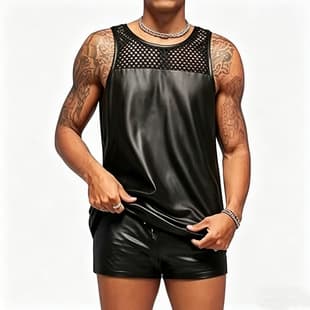 European and American Cross-border Men's Matte Patent Leather Vest Mesh Sleeveless Top Fishnet See-through Nightclub Stage DS Performance Costume