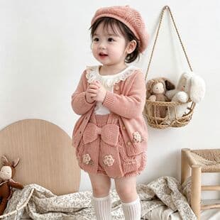 2026 New Spring/Autumn Baby & Toddler Boys Girls Overalls Set Handmade Floral Knit Long-Sleeve Jacket