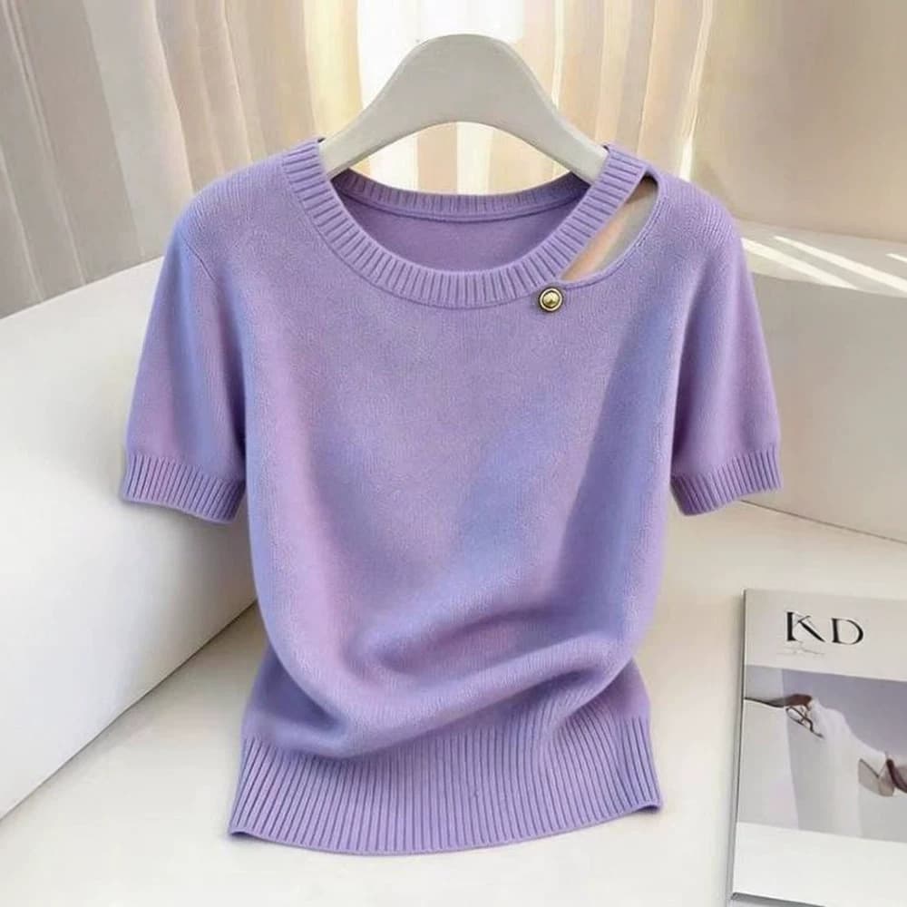 Purple Hollow-Out Knit Top for Women, Summer New Short Sleeve Ice Silk T-Shirt, Crew Neck Loose-Fit Thin Slimming Top