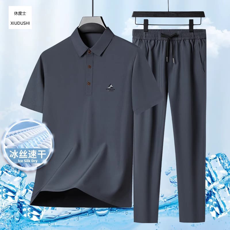 Ice Silk Men's Set Short Sleeve T-Shirt and Pants Two-Piece Set Middle-Aged and Elderly Grandfather Clothes Cross-Border Polyester Sports Set