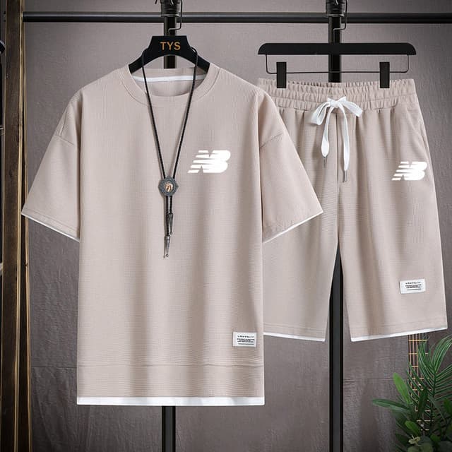Cross-border Waffle Knit Set Short Sleeve Men's Summer NB Print Casual Sportswear Loose T-Shirt and Shorts