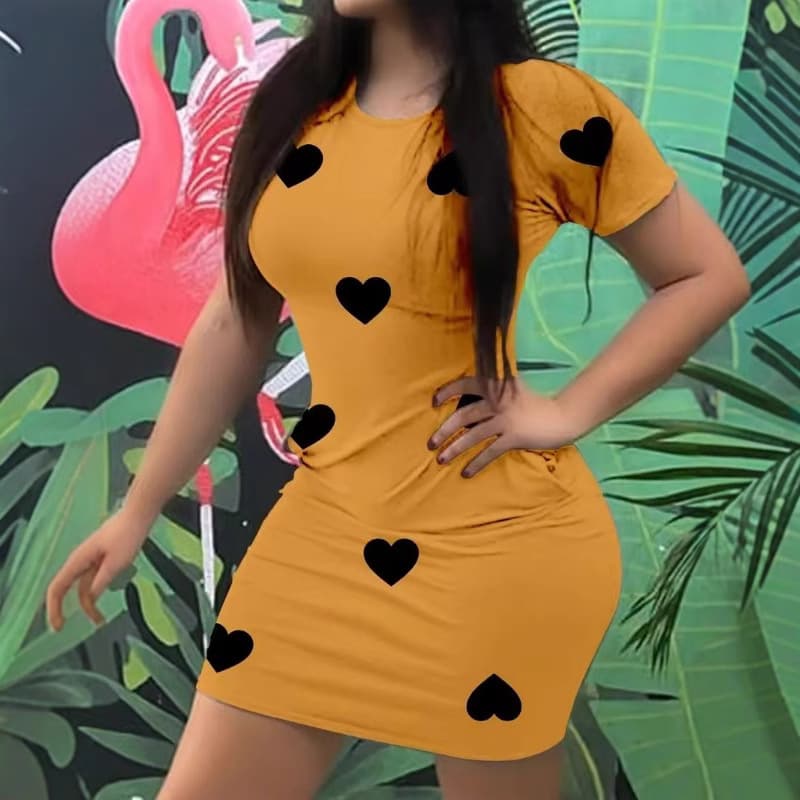 2024 Amazon Cross-border European and American Women's Heart Print Short Sleeve Summer Sexy Casual Round Neck Bodycon Dress