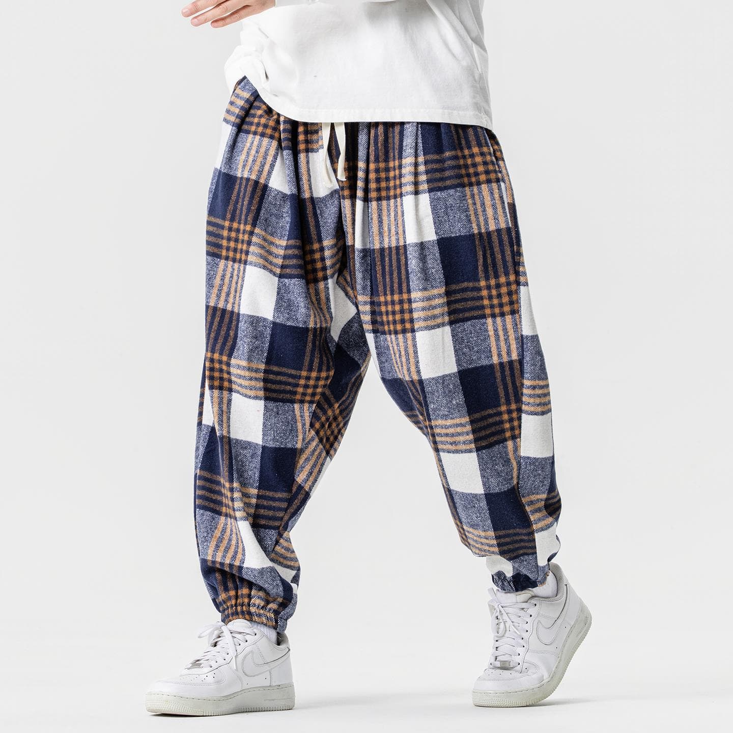 Men's Spring/Autumn Plaid Casual Drawstring Jogger Pants with Vintage Hong Kong Style, Unisex, Brushed Fabric, Retro Sports, Cuffed Harem Pants