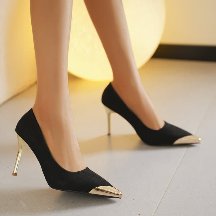 High Heel Women's 2025 New Fashion Metal Pointed Toe Shallow Mouth Thin Heel Single Shoes Slip-On Fashion Work Shoes