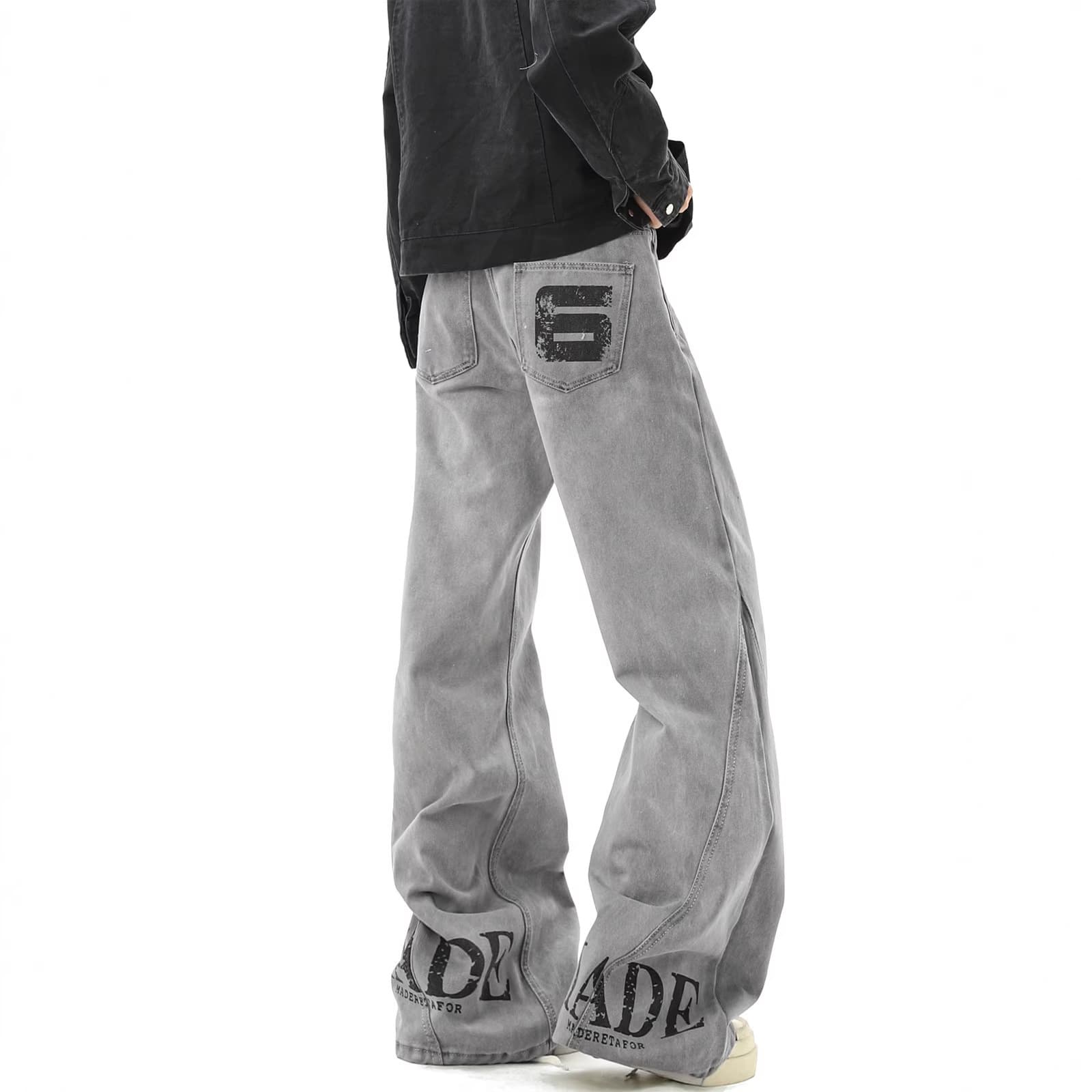 American high street dirty dyed letter print jeans for men spring trendy brand handsome loose straight leg slightly flared long trousers