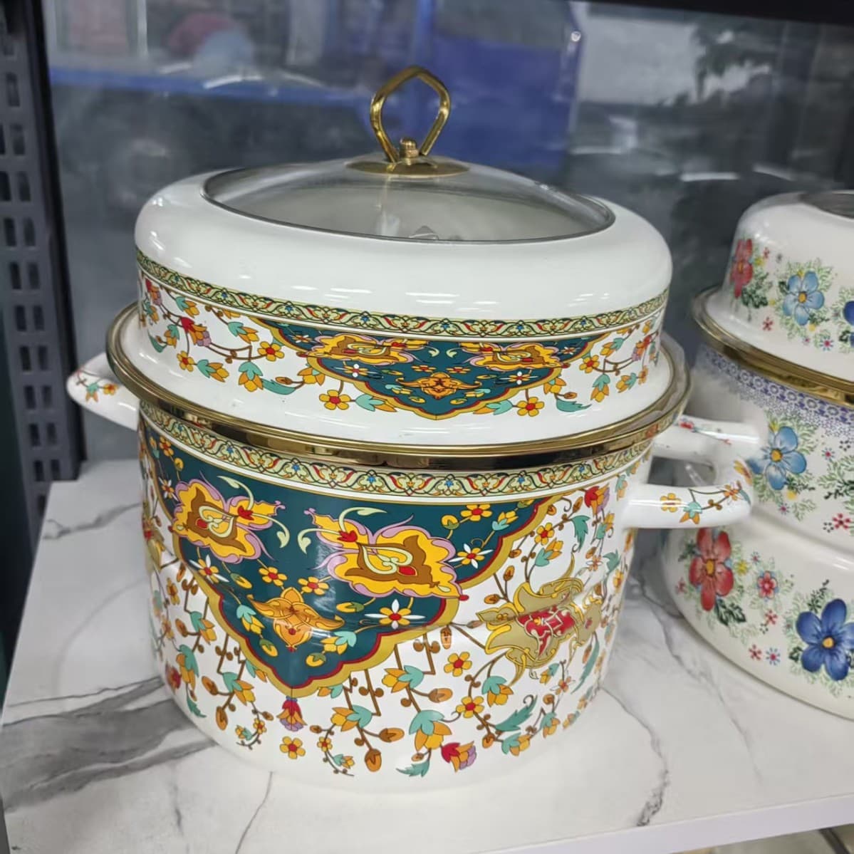 Export Household Enamel Pot Steamer Stew Pot Double Layer Steamer Insert Double Ear Stewing Pot Thickened Enamel Pot Double Enamel Double Material