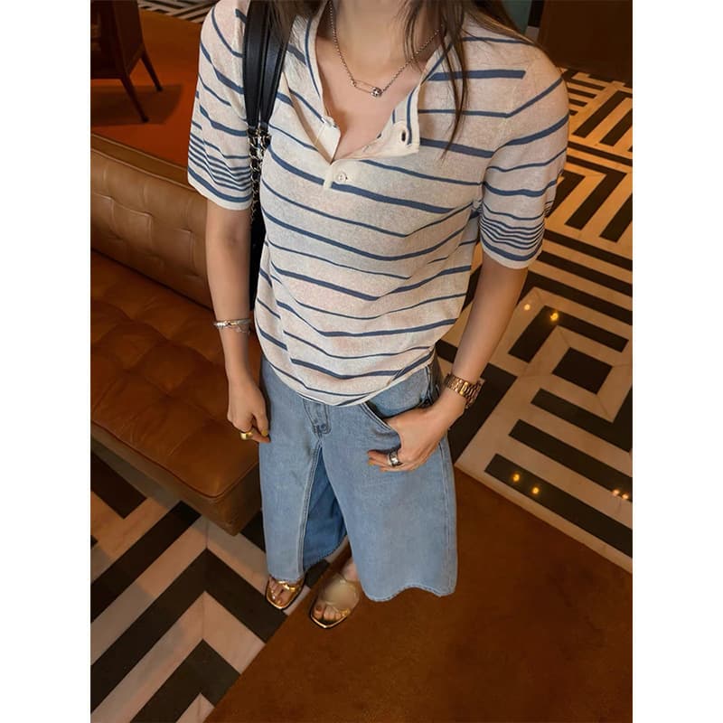 Moses Queen/Moses Queen Striped Henry Collar Knit Short-Sleeve T-Shirt Summer Thin Slim-Fit Top