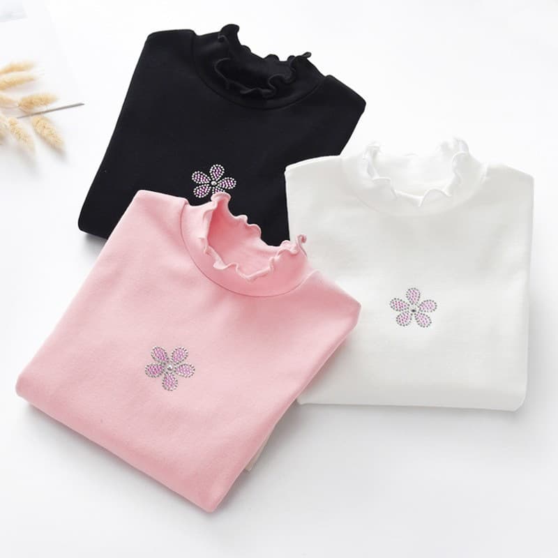 Girls Long Sleeve High Collar Cotton Base Shirt Autumn Winter White Little Girl Wooden Edge Ear Inner Wear Children T Shirt